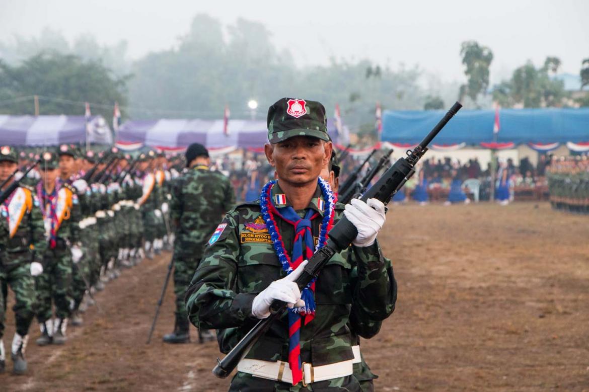 DKBA troops take part in a ceremony in 2019 to mark the 25th anniversary of the group’s founding. (Thuya Zaw | Frontier)