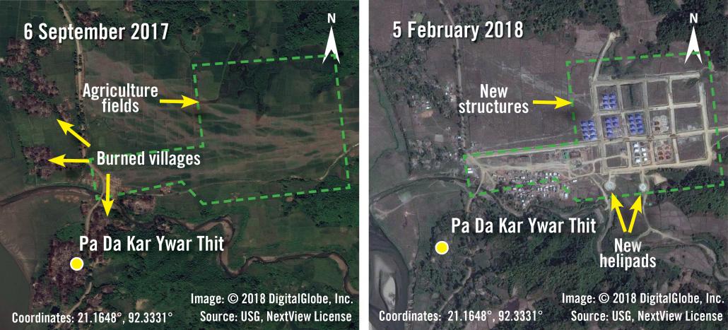 Before and after images taken on September 6, 2017 and February 5 of new structures and helipads being built over agricultural fields in Pa Da Kar Ywar Thit village. (AFP | Amnesty International | DigitalGlobe)