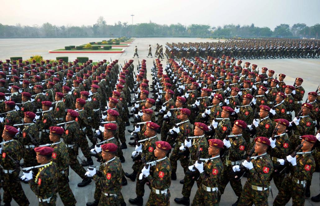 Soldiers at a parade to mark the 74th Armed Forces Day in Nay Pyi Taw on March 27, 2019. (AFP)