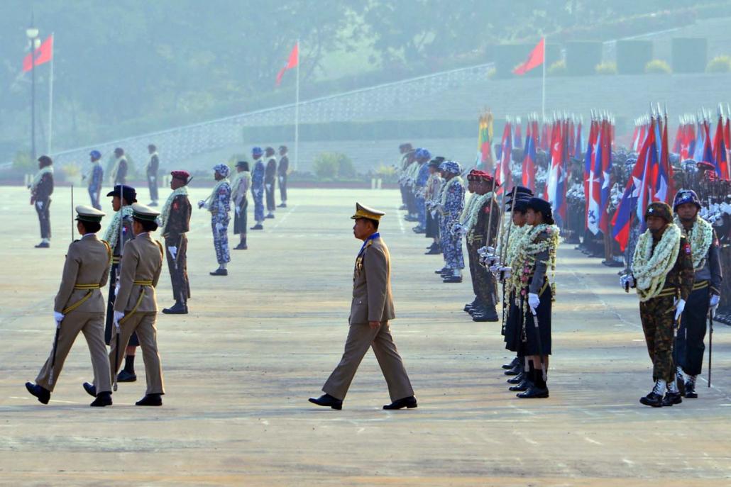 Vice-Senior General Soe Win reviews soldiers during a parade to mark 74th Armed Forces Day in Nay Pyi Taw on March 27, 2019. (AFP)