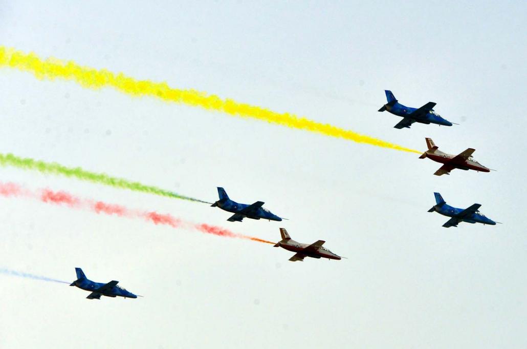 Fighter jets fly in formation during a parade to mark 74th Armed Forces Day in Nay Pyi Taw on March 27, 2019. (AFP)