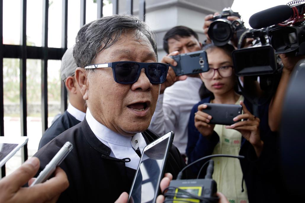 Khin Maung Zaw, lawyer for jailed Reuters journalists Kyaw Soe Oo and Wa Lone, talks to the media outside the Supreme Court in Nay Pyi Taw on April 23. (AFP)