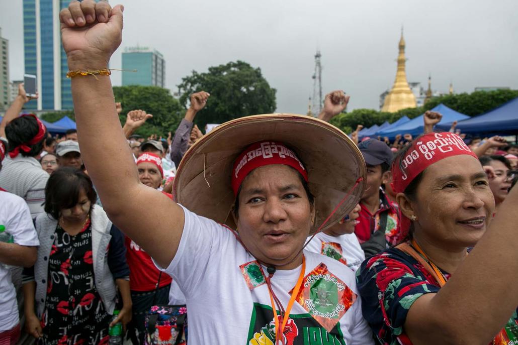 People participate in a protest in support of amendments to the 2008 constitution in Yangon on July 17. (AFP)