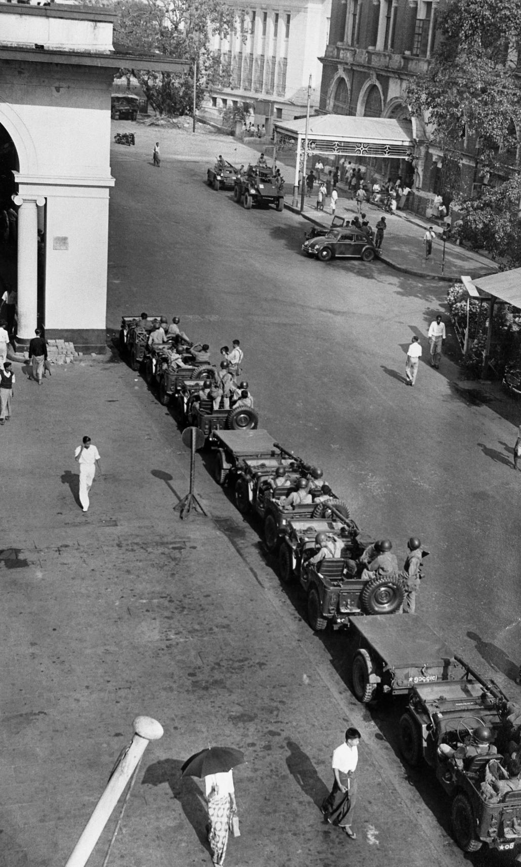 Military forces guard the streets of Yangon on March 4, 1962, the day General Ne Win took control of the country. (AFP)