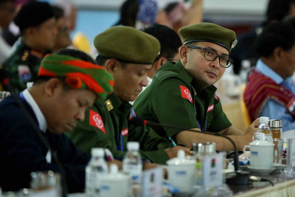 Members of the Arakan Army at the Mai Ja Yang conference. The AA were one of the ethnic armed groups barred from peace talks under the previous government. (AFP)