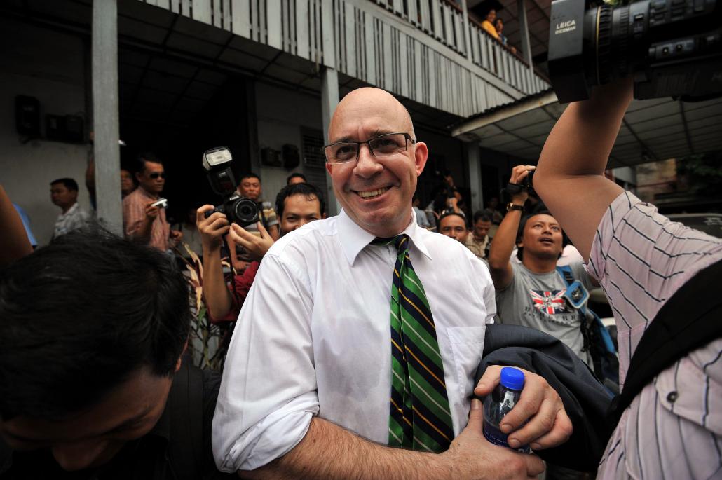 Myanmar Times cofounder Ross Dunkley leaves Kamaryut Township court after his final appearance in June 2011, following his 44-day detention in Insein Jail. (Soe Than Win | AFP)