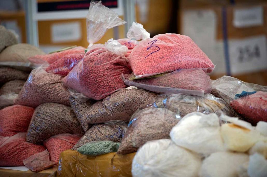 Bags of methamphetamine pills seized by the Thai narcotic police department are seen on display before being incinerated. Myanmar is considered a major source of methamphetamines in the region. (AFP)