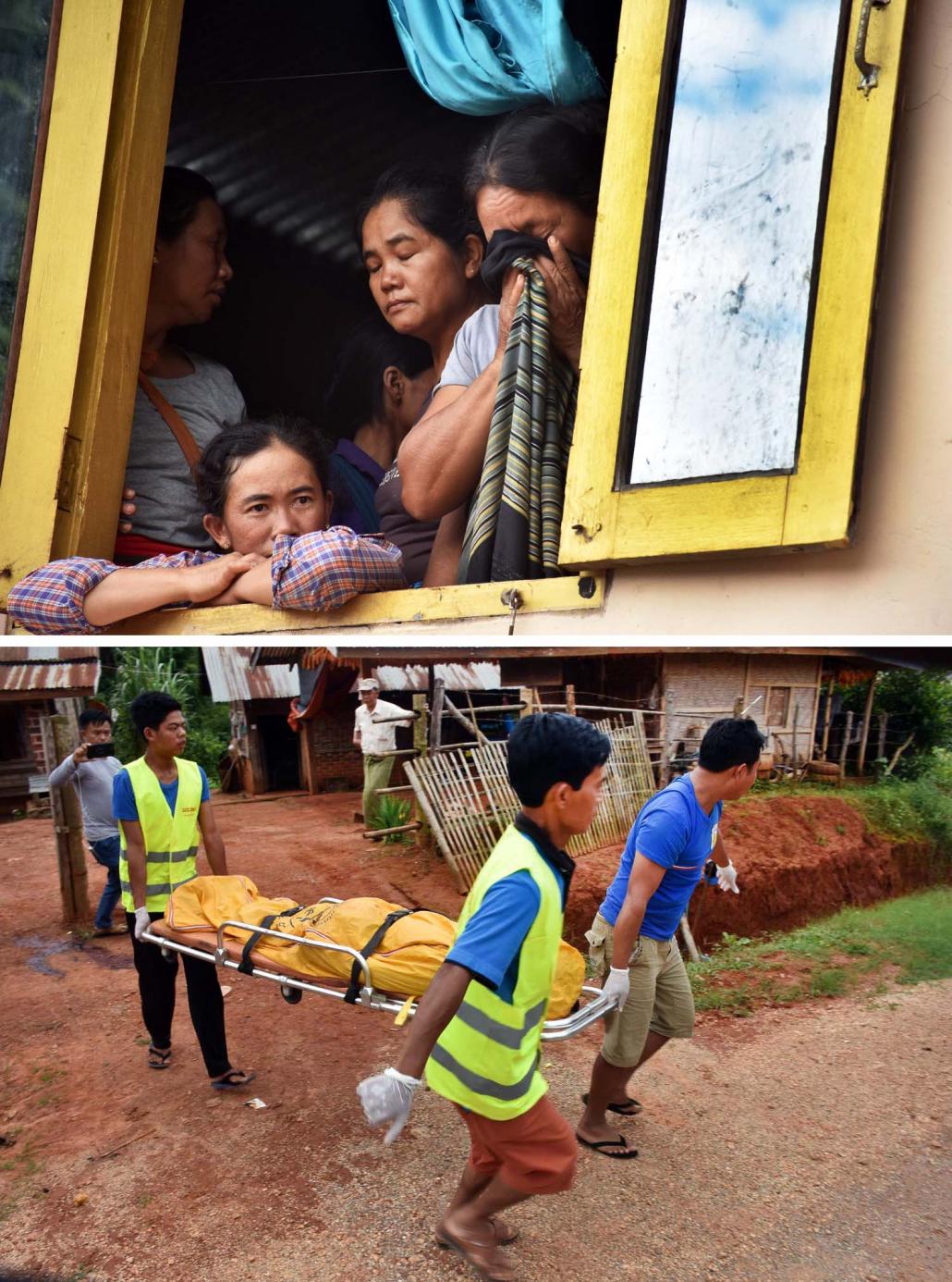 Shan women who fled the village of Kone Sar take shelter at a nearby monastery in Mong Tin village after a mortar shell killed a resident, Sai Lon Aye (top) and members of a rescue team carry the body of Sai Lon Aye. (Steve Tickner | Frontier)