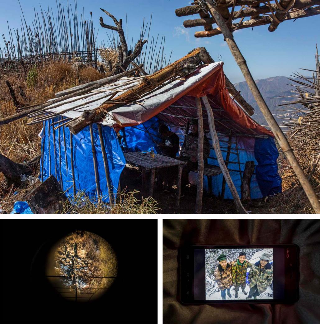 A KIA and Tatmadaw soldier sit at the "peace house" (top), Tatmadaw soldiers are seen through a telescope from the KIA's post (bottom left), KIA and Tatmadaw troops in a mobile phone image taken on Mt Zion last winter (bottom right). (Hkun Lat | Frontier)
