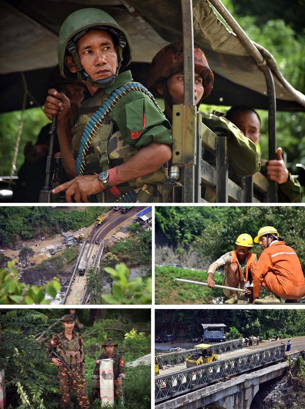 Northern Alliance forces destroyed the Goktwin Bridge, a chokepoint on the Mandalay-Muse Highway, in the August 15 attacks. Five days later, a new bridge was opened, with a Tatmadaw convoy of about 50 vehicles the first to pass. (Steve Tickner | Frontier)