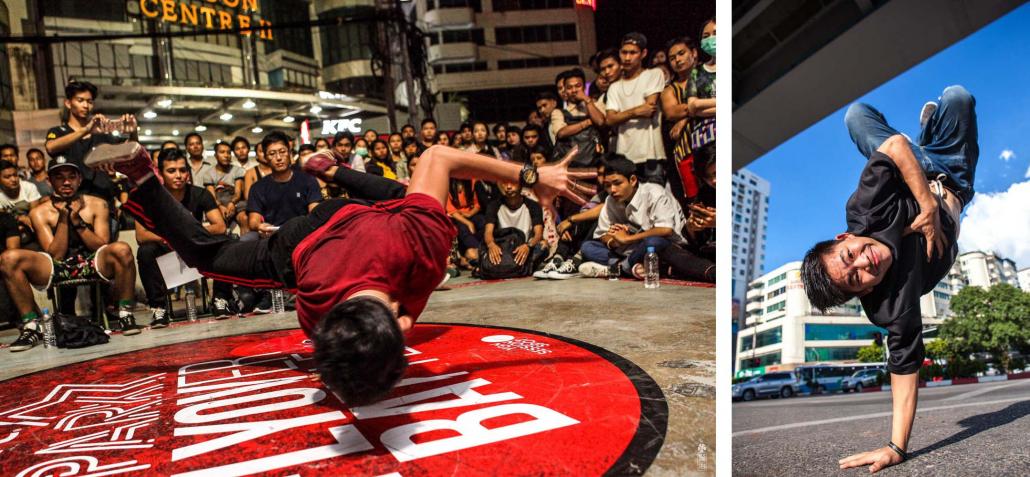 B-boy Disko, 17, competes at the Nescafe Flyover Battle 15 under the Myaynigone bridge in September (left) and Ko Thant Zin Htike, aka B-boy Ko Htike, 17.