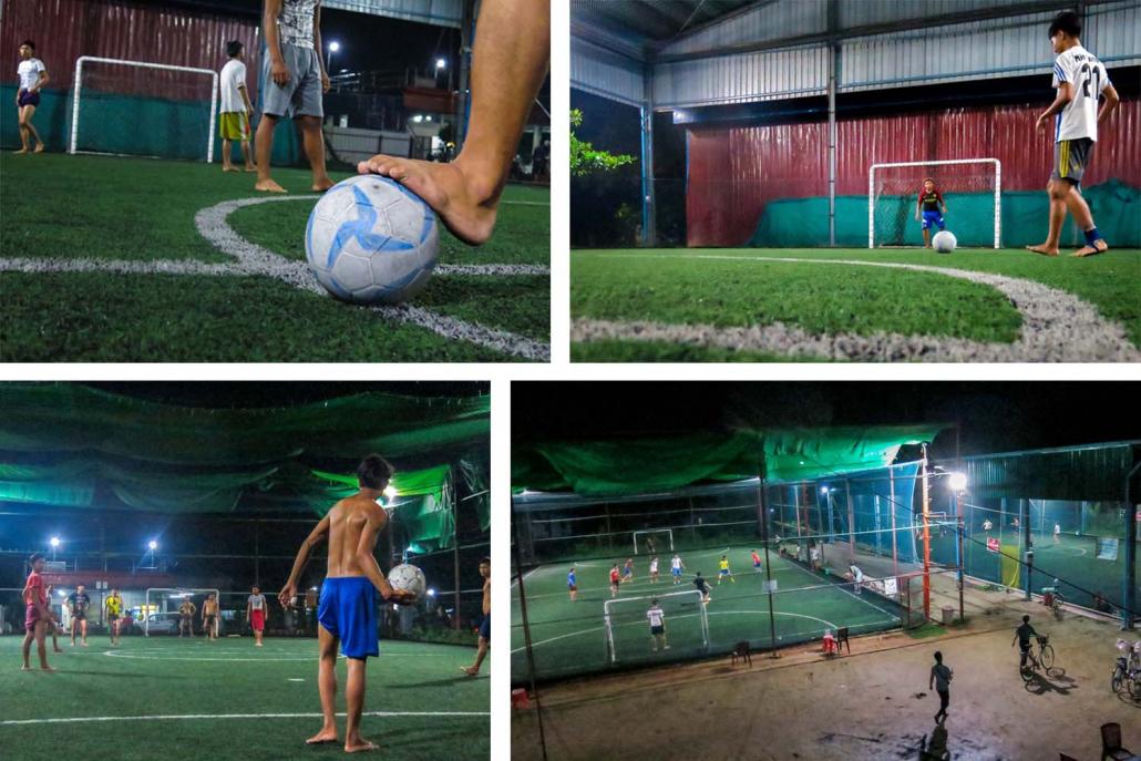 Young men who had previously spent their evenings sitting in teashops or beer stations enjoy an after-work game of futsal at a court in South Dagon. (Kyaw Lin Htoon | Frontier)