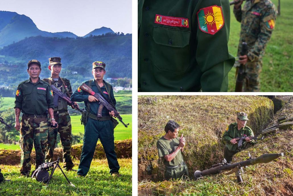 To differentiate itself from other militias in northern Shan State, the Mong Paw militia has proposed modifying its uniform to replace one of the pyithu sit (People's Militia Force) patches with the Mong Paw logo. (Kyaw Lin Htoon | Frontier)