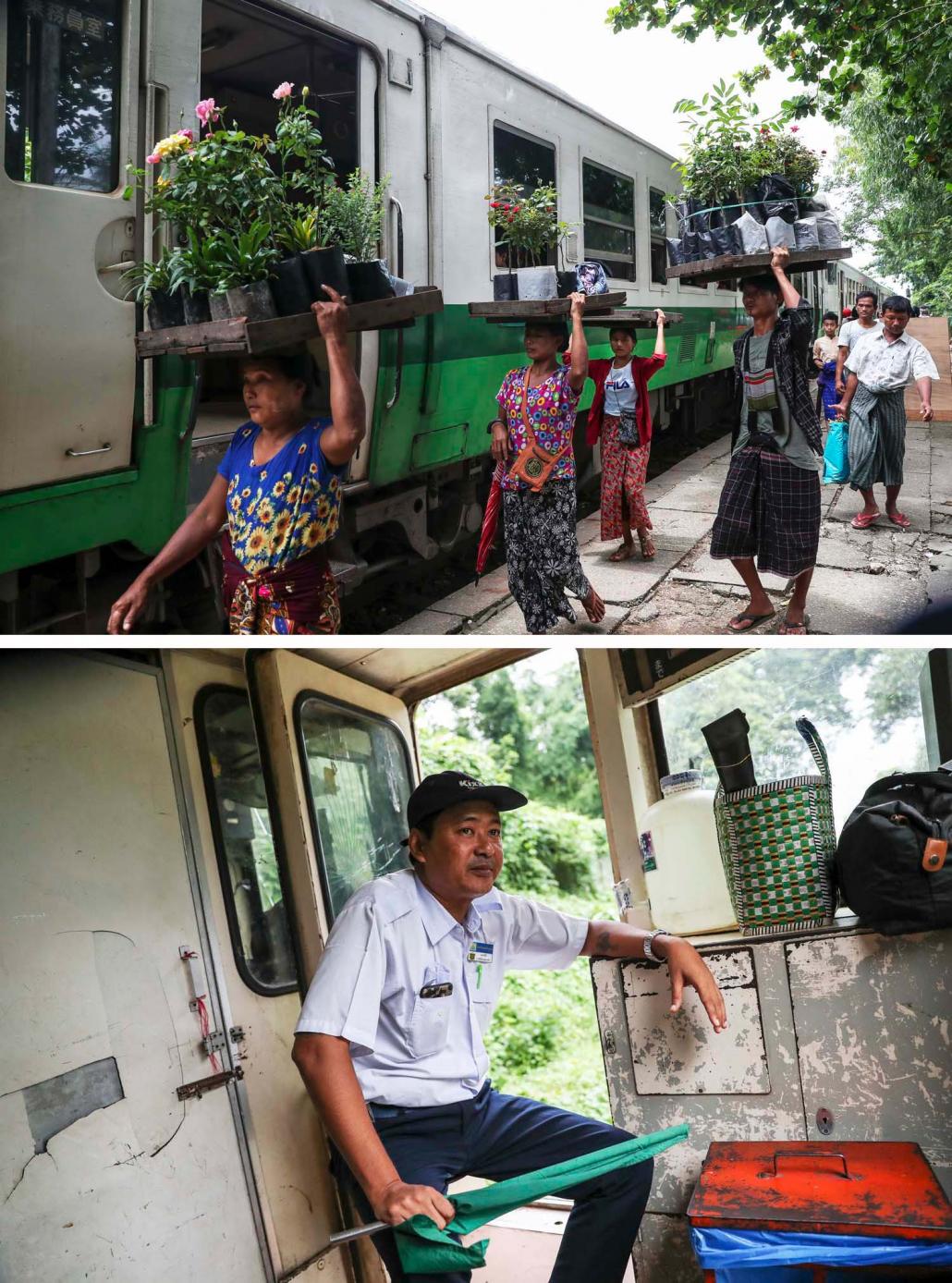 Plants are carried along the platform at Paywetseikkan Station in the city's northeast (top) and a guard waits to jump out at the next platform. (Nyein Su Wai Kyaw Soe | Frontier)