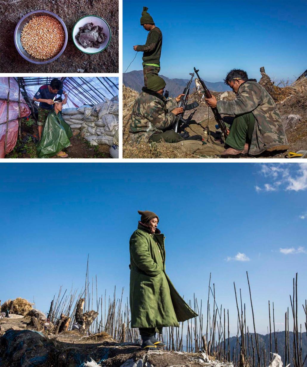 Food presented to KIA troops by Tatmadaw soldiers (top left), a KIA soldier gets a haircut (centre left), KIA soldiers clean their rifles (right), KIA General Naw Mai calls Tatmadaw soldiers to a meeting at the peace house. (Hkun Lat | Frontier)