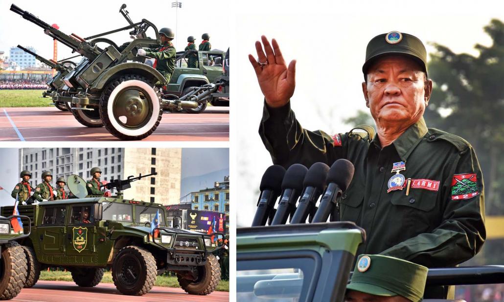 United Wa State Army troops parade in Panghsang with armoured vehicles and anti-aircraft weapons (left and top right), while General Bao Youxiang, commander-in-chief of the UWSA, gives a speech (right). (Steve Tickner | Frontier)