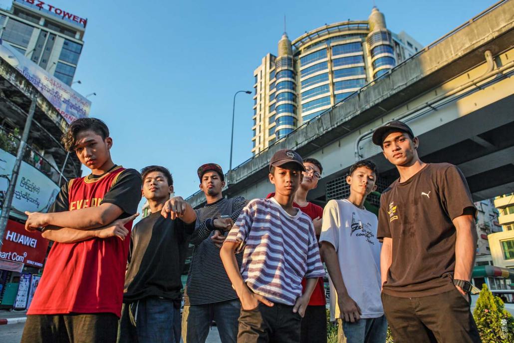 Session Breakerz members (left to right) Ko Hein Thant Thoo aka B-boy Eric BP; Ko Thant Zin Htike aka B-boy Ko Htike; Ko Thaw Zin Min Oo, aka B-boy Fan Lay; B-boy Mg Nanda Moe; B-boy Disko; Ko Htay Nyi, aka B-boy HN; and B-boy Ye Yint Moe