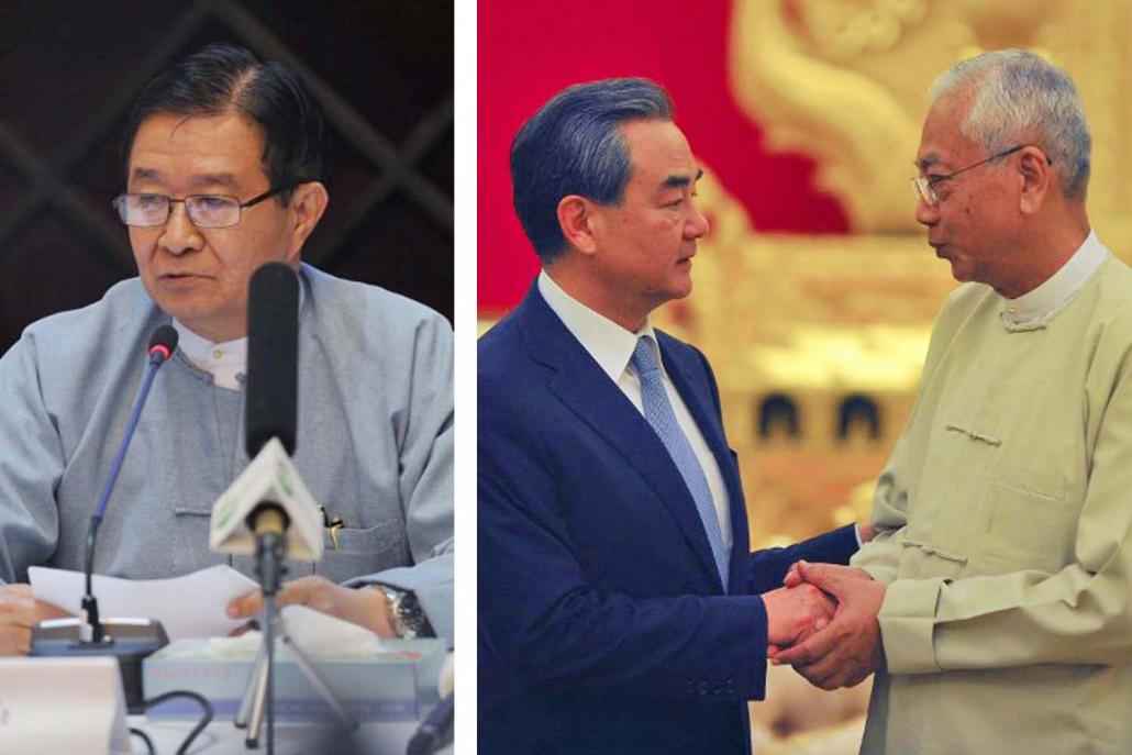 U Aung Min (left), Chinese foreign minister Wang Yi meets then President U Htin Kyaw, in November 2017. (AFP)