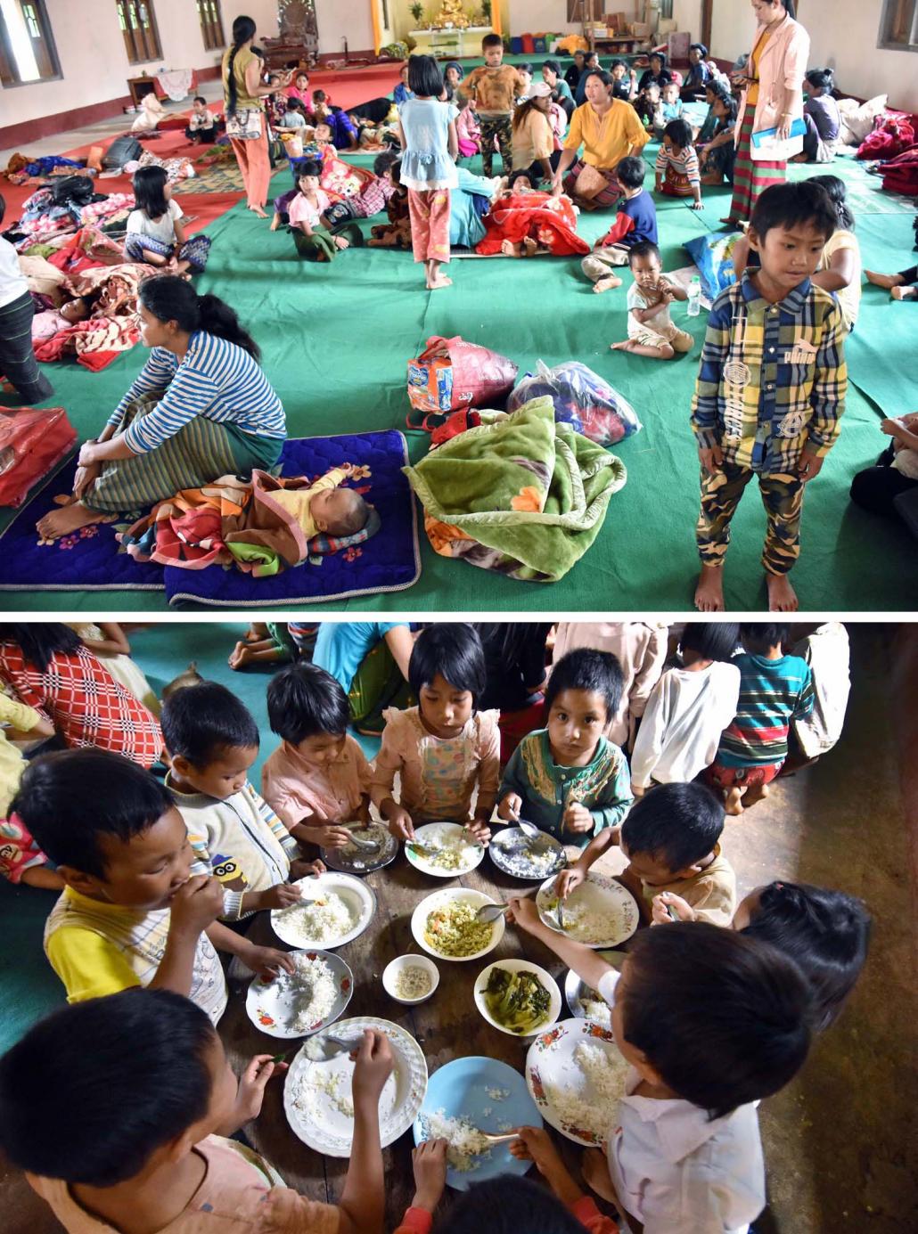 Children displaced by recent fighting in northern Shan State eat at a monastery in Kutkai Township. Thousands of civilians have sought refuge at monasteries in northern Shan State. (Steve Tickner | Frontier)