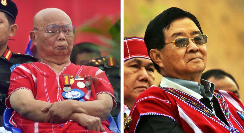 KNU President Saw Mutu Say Poe at ease after delivering a speech to mark the anniversary (left) and Tatmadaw general turned peace negotiator U Aung Min. (Steve Tickner | Frontier)