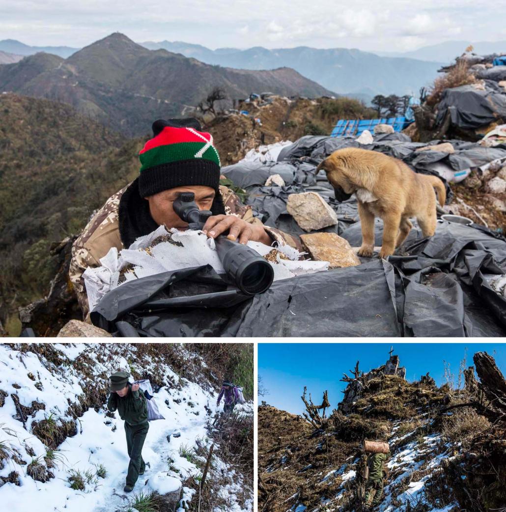 A KIA soldier watches the Tatmadaw post less than 20 metres from his own post on Mt Zion (top), KIA soldiers return to Mt Zion with water from an icy stream (bottom left) and carry wood to the Mt Zion post (bottom right). (Hkun Lat | Frontier)