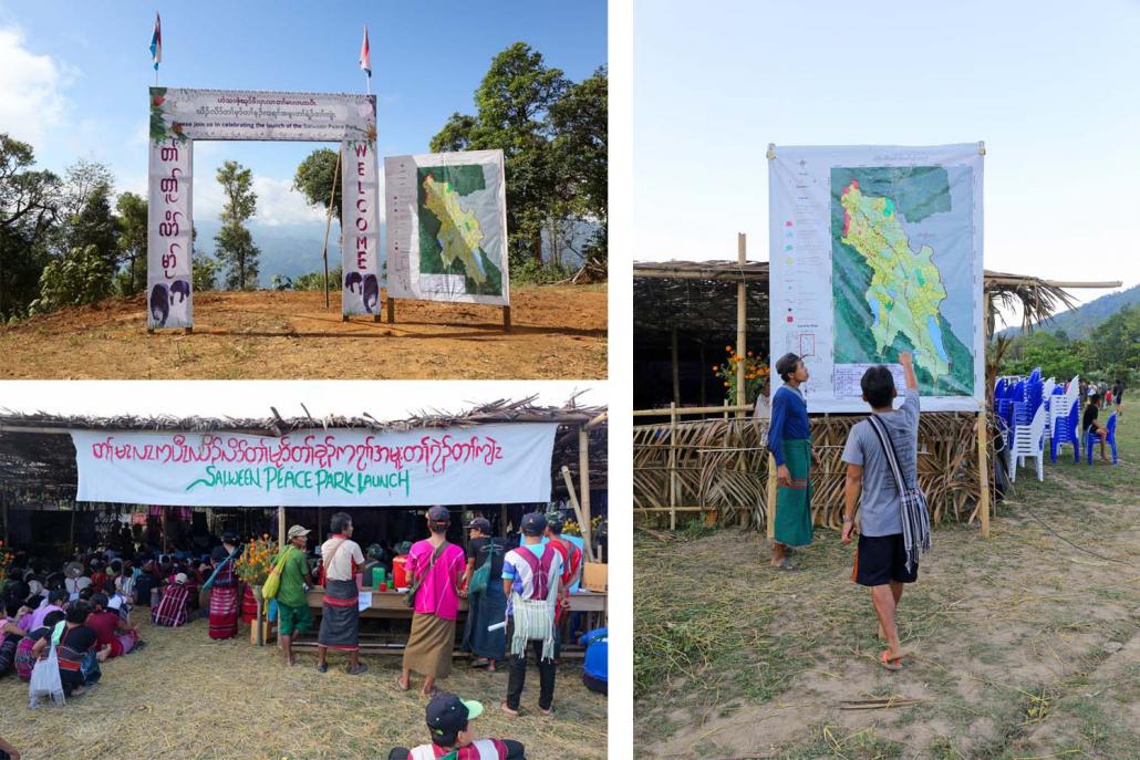 KNU-administered Mutraw District (top left) and a map of the Salween Peace Park on display at the launch event at Day Bu Noh village on December 18 (right) | Frontier