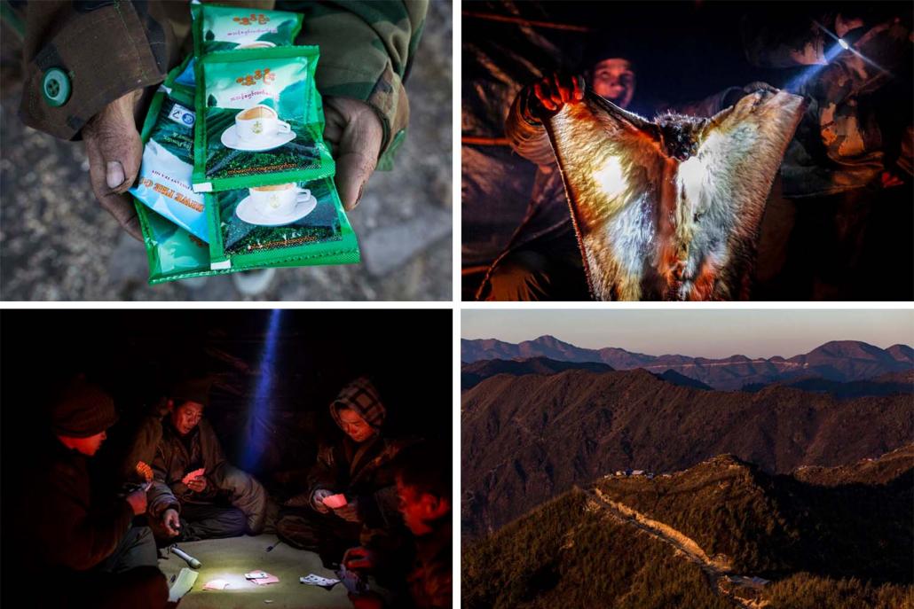 Instant tea presented to KIA troops at the Mt Zion post by Tatmadaw soldiers (top left), KIA troops killed this large bat while hunting near the Mt Zion post and later sold it to Tatmadaw soldiers for K10,000 (top right). (Hkun Lat | Frontier)