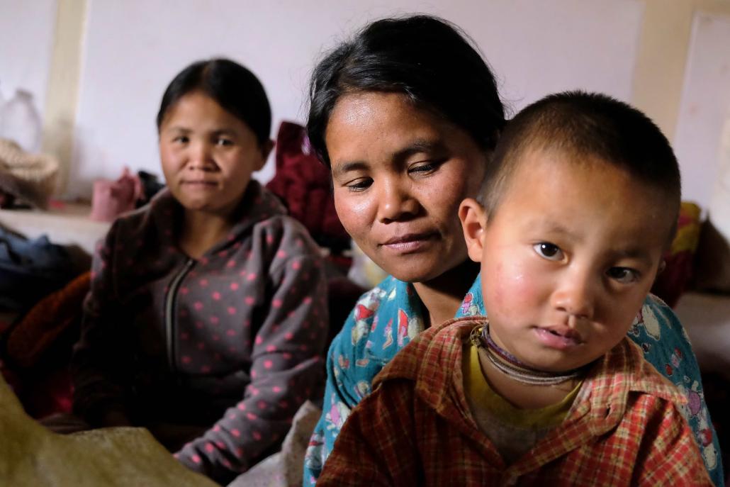 One of the families taking shelter at Aung Su Pan Monastery. (Brennan O'Connor / Frontier)