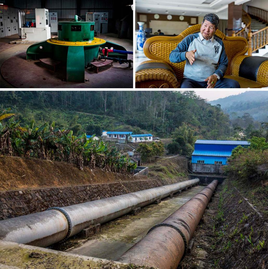 Buga Co, Ltd managing director La Taung (top right) speaks to Frontier in Laiza about the company's operations, including its small plant on the outskirts of Laiza (top left and main photo). (Hkun Lat | Frontier)