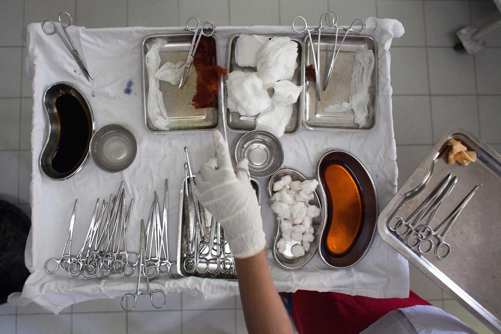 Tools are prepared for an operation at the Mawlamyine Christian Leprosy Hospital in Mon State. (Jeroen de Bakker / Frontier)