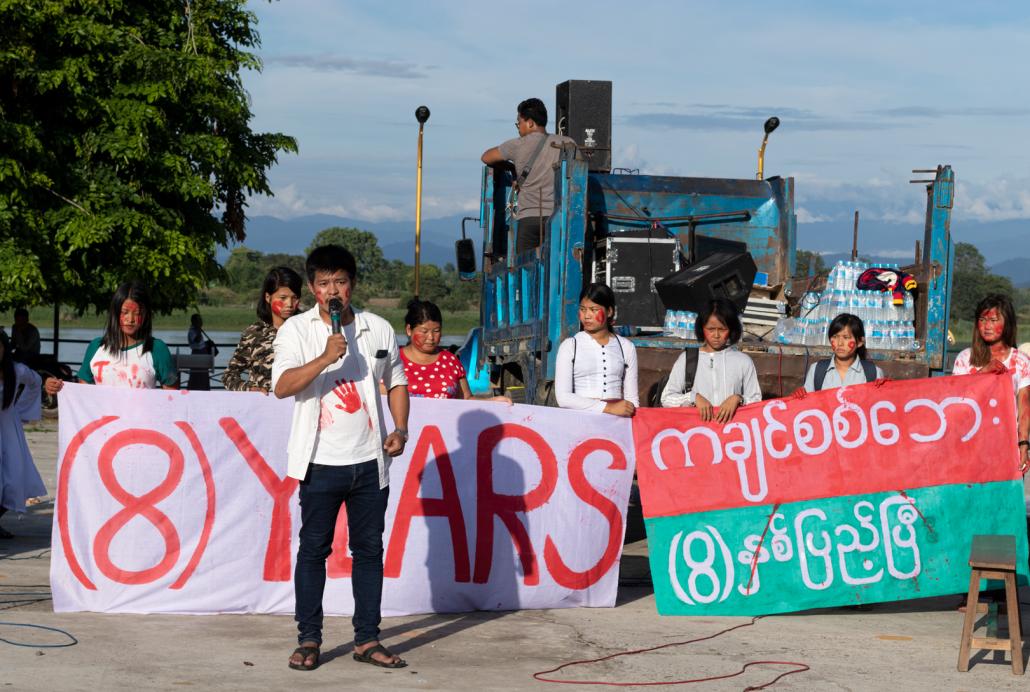 Activist and event organiser Ko Pau Lu speaks at an event held in Myitkyina on June 9 to commemorate the resumption of the Kachin civil war eight years ago. He now faces criminal charges for organising the event. (Phoe Shane | Frontier)