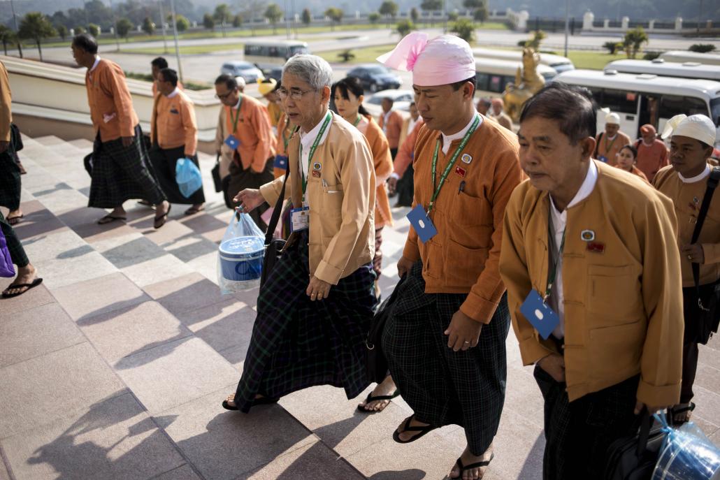 National League for Democracy MPs arrive at the parliament building in Nay Pyi Taw. (Ann Wang / Frontier)