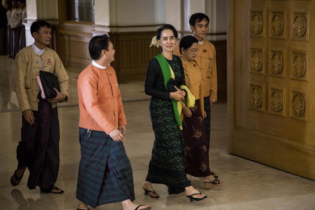 Daw Aung San Suu Kyi arrives in parliament in February. (Ann Wang / Frontier)