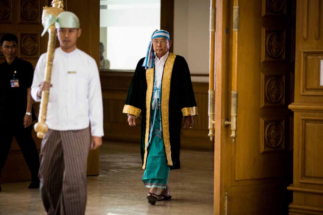 Amyotha Hluttaw Speaker Mahn Win Khaing Than enters a session of the Pyidaungsu Hluttaw on February 8. (Ann Wang / Frontier)