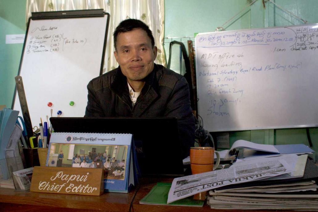 Hakha Post chief editor Salai Papui is an elder statesman of the Chin State media industry, with most reporters in their late teens or early 20s. (Jared Downing | Frontier)