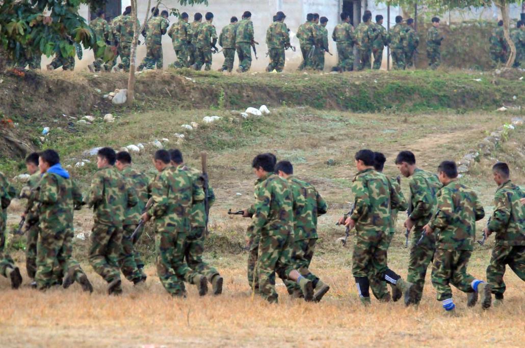 Soldiers from the Kachin Independence Army train at a facility in Laiza. (Steve Tickner | Frontier)