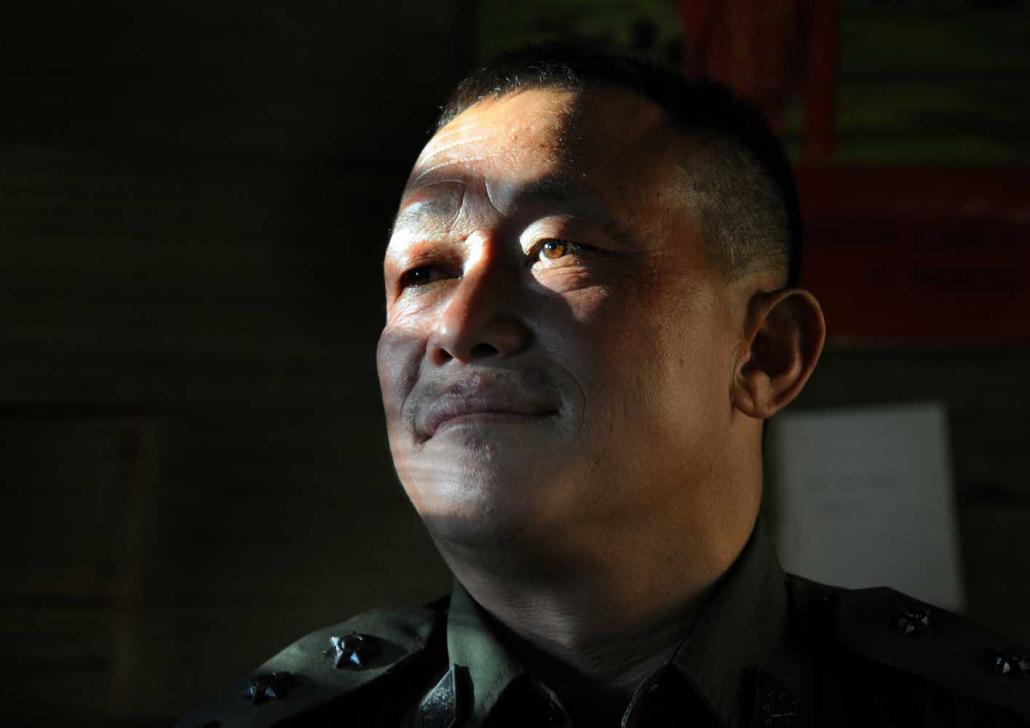 Hpawdaw Len Awng, 47 years old and a 27-year veteran of the Kachin struggle, at his frontline outpost of Lawa Yang, a few kilometres south of Laiza. (Steve Tickner | Frontier)