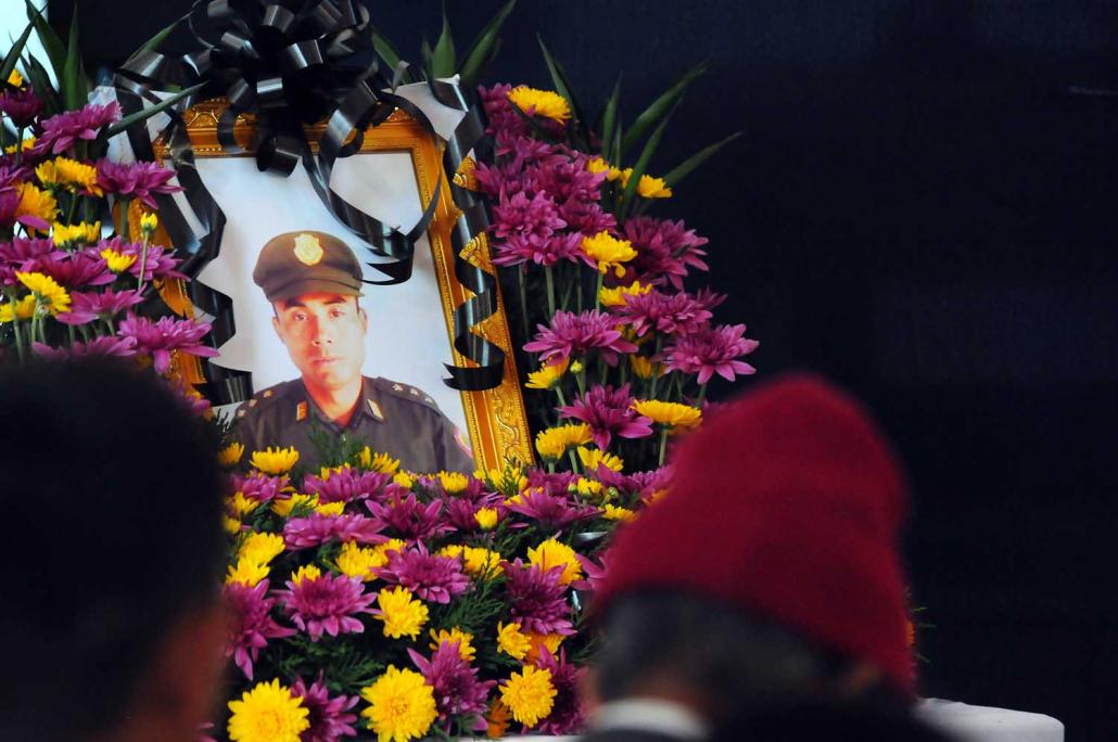 A memorial service in Laiza for Capt Nsang Brang Htun, who was killed in recent fighting 40 kilometres north of Laiza. (Steve Tickner | Frontier)