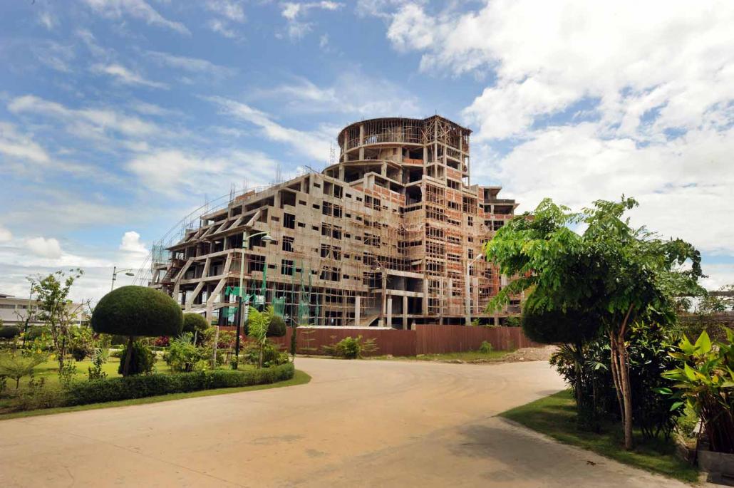 A hotel under construction in Nay Pyi Taw. The capital has more than 5,000 rooms, most of which are empty. (Steve Tickner / Frontier)