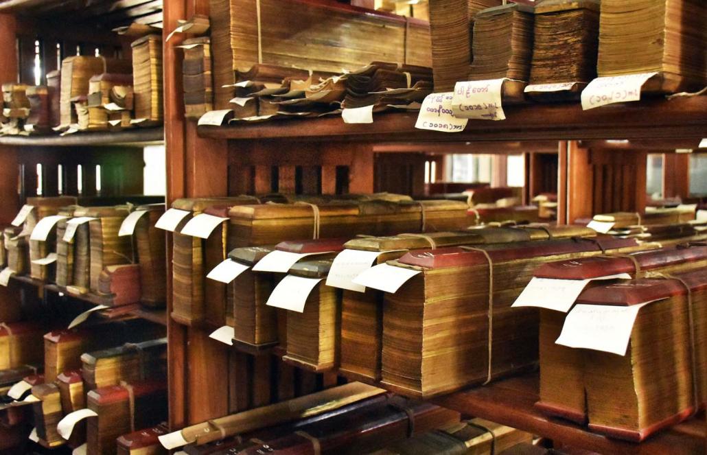 Parabaik folding manuscripts at the National Library in Yangon’s Yankin Township. (Steve Tickner | Frontier)