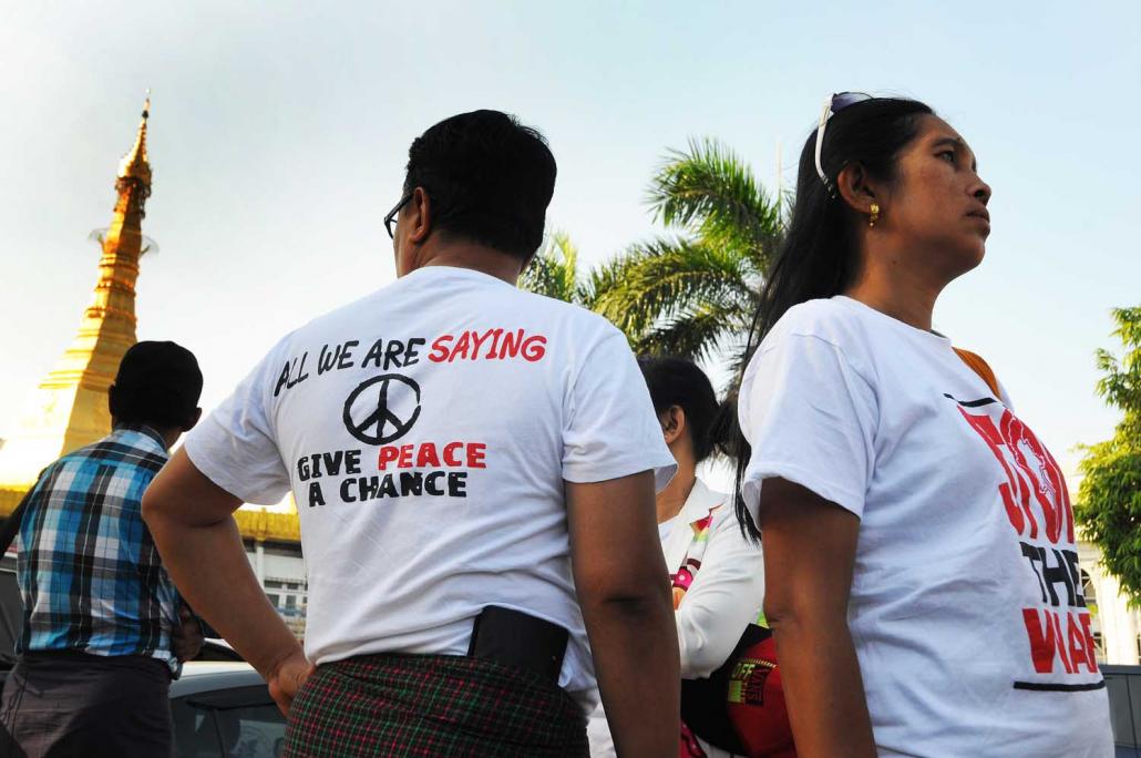 Peace activists take part in a protest in downtown Yangon on February 4. (Steve Tickner | Frontier)