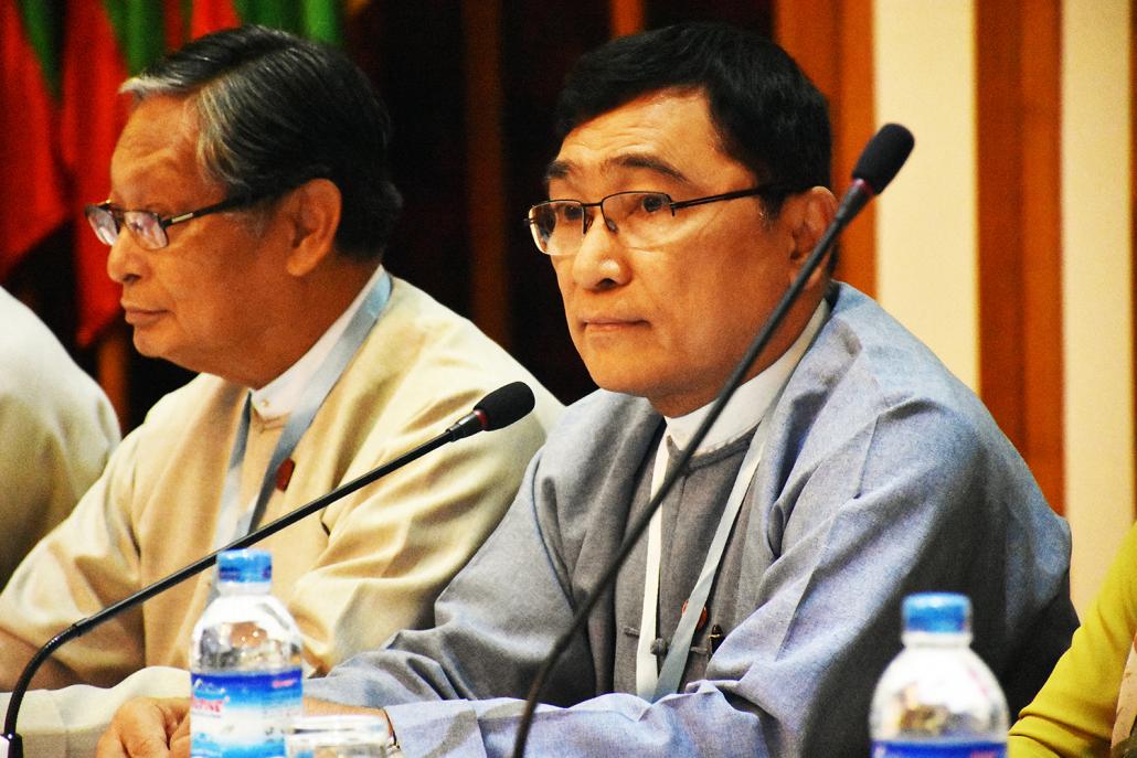 U Win Myat Aye at a press conference in Yangon yesterday (Steve Tickner | Frontier)