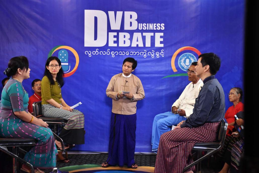 Experts including Daw Nway Zin Win (second left) discuss the prospect of legalising sex work during a DVB Debate episode on June 23. (Steve Tickner | Frontier)
