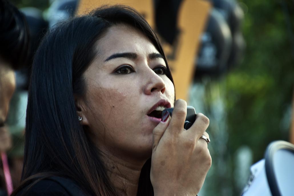Ma Ei Ei Moe from Generation Wave gives a speech at the protest. (Steve Tickner | Frontier)