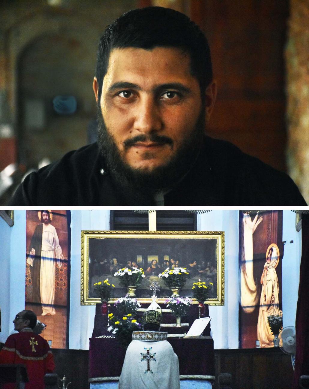 Father Artsrun Mikayelyan (top) and a view of the altar at the Armenian Church of St John the Baptist. (Steve Tickner | Frontier)