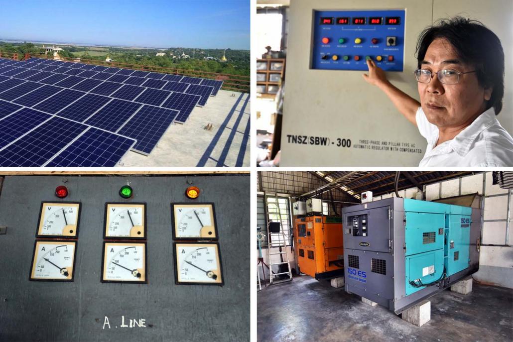 A rooftop solar system that Mandalay Yoma installed on a guesthouse in Yenangyaung, Magway Region (top left, supplied) and scenes from U Tin Sein's factory. (Steve Tickner | Frontier)