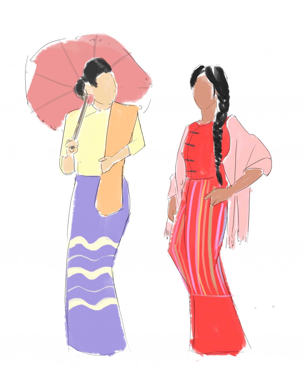 An outsider’s guide to basic Myanmar’s women’s attire by Frontier Myanmar. (Illustration by Jared Downing | Frontier)