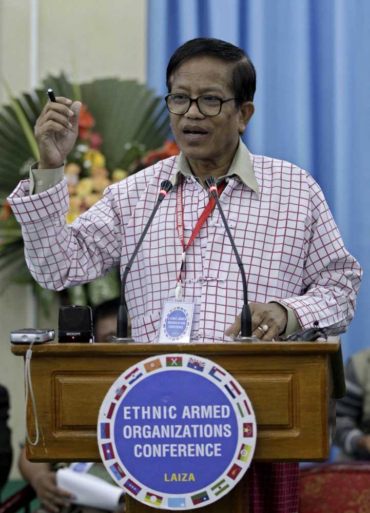 Nai Hong Sar, chairman of the New Mon State Party, talks to members of the media during a November 2013 press conference in Laiza, Kachin State. (EPA)