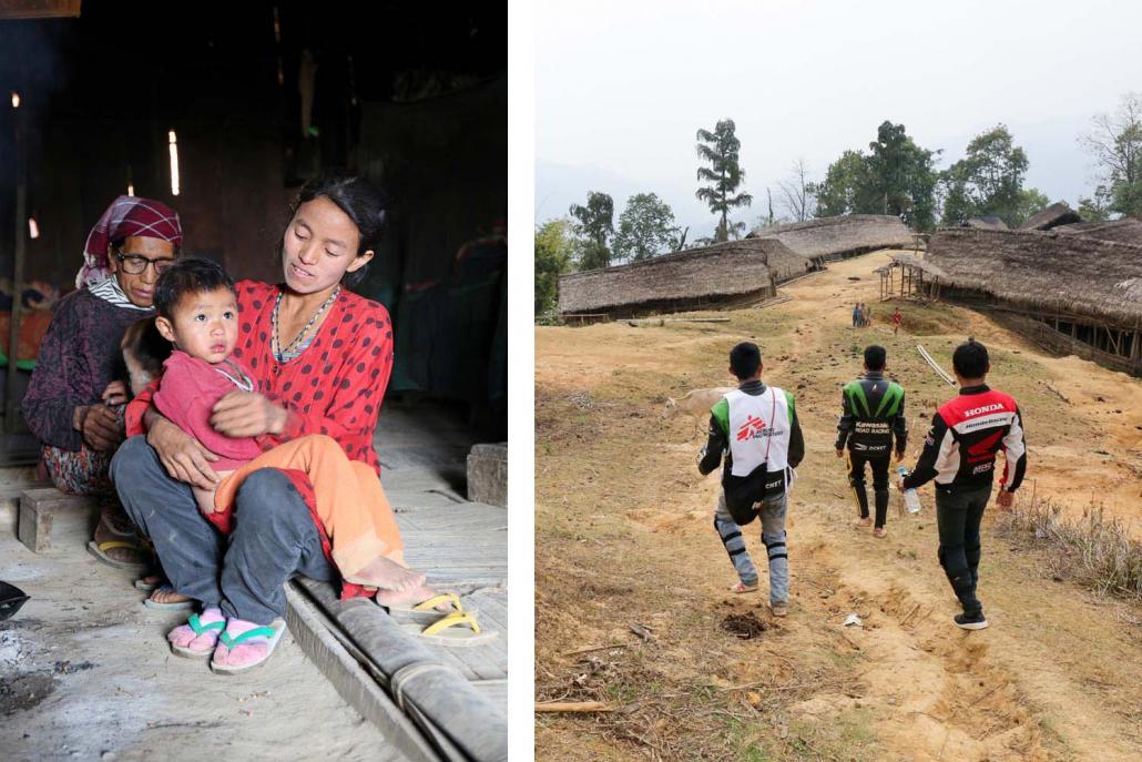 A Naga family sits in their home (left) a day after visiting a mobile clinic run by MSF (Victoria Milko | Frontier)