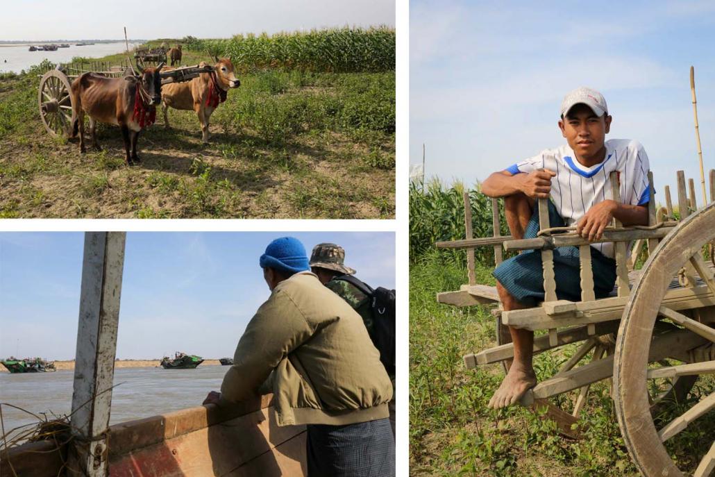 Ko Htein Lin (right) lost half of his land to the river last year, which he blames on erosion due to sand mining. (Victoria Milko | Frontier)